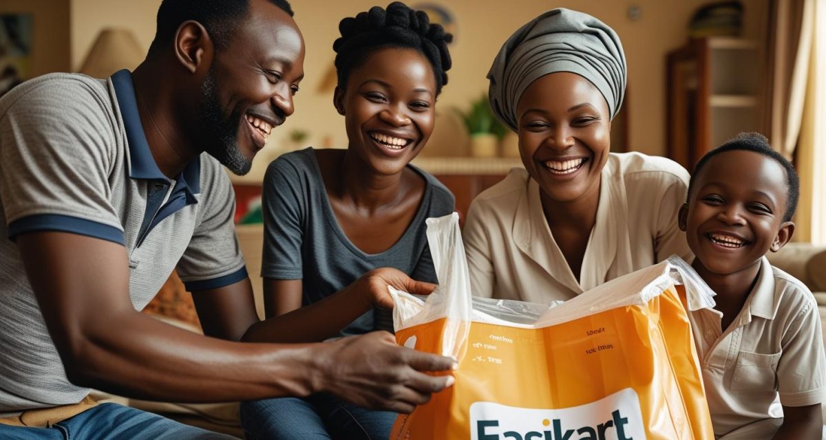 Photo of a happy Nigerian family receiving an EasiKart delivery at home Photo of a happy Nigerian family receiving an EasiKart delivery at home
